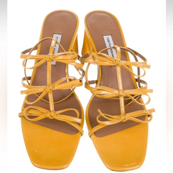 Tabitha Simmons Covie bow mustard yellow patent leather ankle strap heels 38.5 - Picture 1 of 5